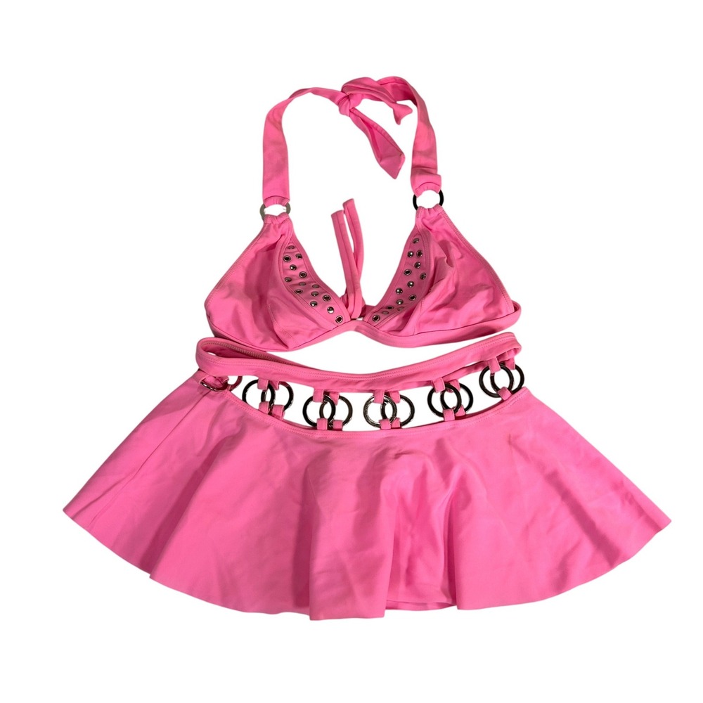 Neon Pink Studded Halter Bikini Top & O-Ring Cutout Skirt Set XL Y2K Rave Wear‎